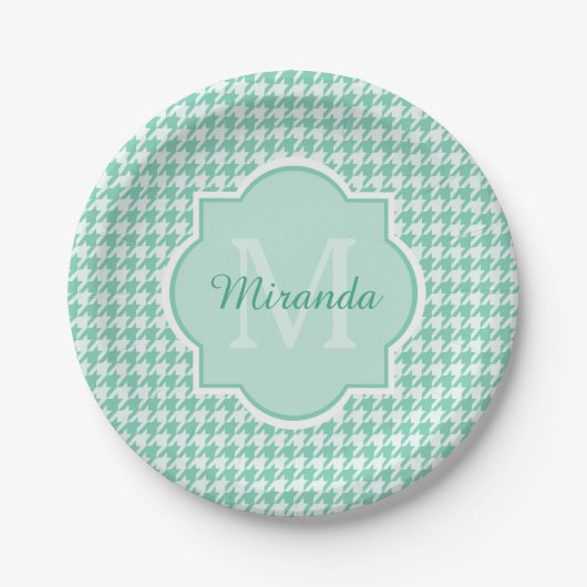 Assiettes En Carton Chic Monogram Mint Green Houndstooth Avec Nom (Devant)