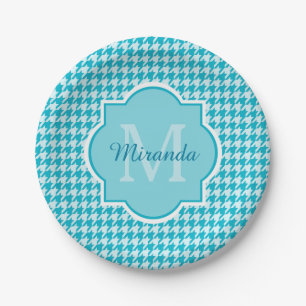 Assiettes En Carton Chic Monogramme Turquoise Houndstooth Avec Nom