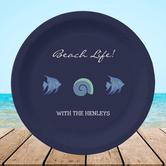 Assiettes En Carton Chic Navy Blue Fish Shell Nom de famille Beach Hou
