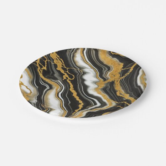 Assiettes En Carton Chic noir blanc marbre or look Mariage glam (Angle)