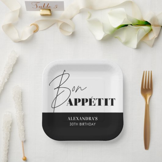 Assiettes En Carton Chic noir et blanc Bon Appétit Script Anniversaire (Mariage)