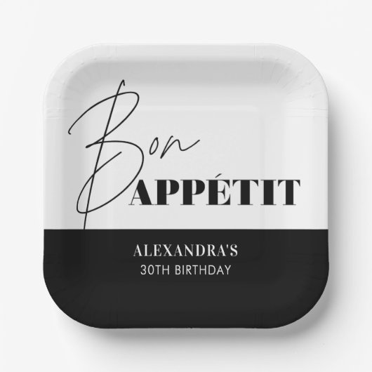 Assiettes En Carton Chic noir et blanc Bon Appétit Script Anniversaire (Recto)