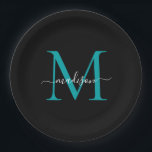 Assiettes En Carton Chic noir Turquoise vert Monogramme moderne Nom du<br><div class="desc">Simple moderne Noir Turquoise Vert Monogramme Moderne Feminine Script Nom Plaque de papier</div>
