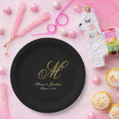 Assiettes En Carton Chic or Monogramme Mariage noir (Fête)