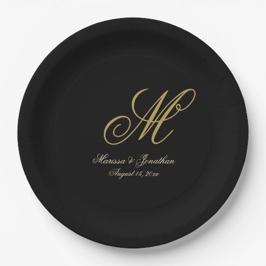 Assiettes En Carton Chic or Monogramme Mariage noir (Devant)
