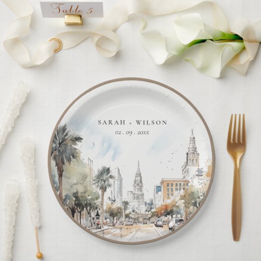 Assiettes En Carton Chic Orlando Floride Skyline Mariage d'aquarelle (Mariage)