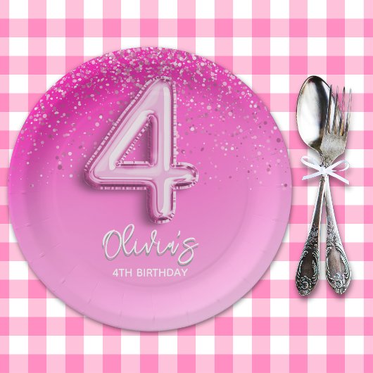 Assiettes En Carton Chic Pink Glitter Balloon 4th Birthday Party