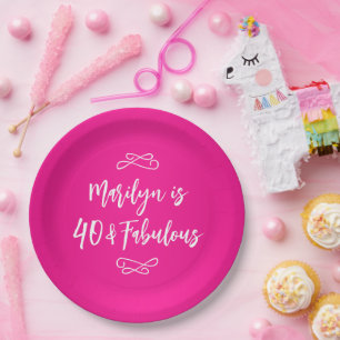 Assiettes En Carton Chic rose vif et blanc écriture 40 ans et fabuleus
