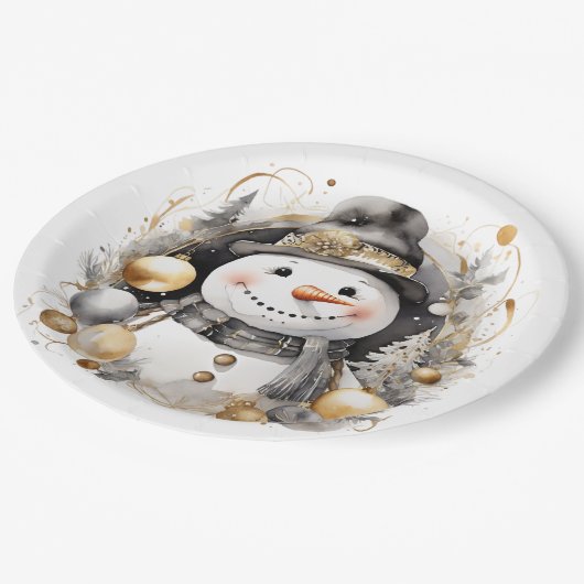 Assiettes En Carton Chic Snowman: Black and Gold Holiday Charm (Angle)
