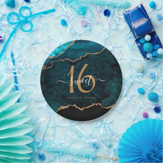 Assiettes En Carton Chic Sweet 16 Turquoise Gold Parties scintillant A (Fête)