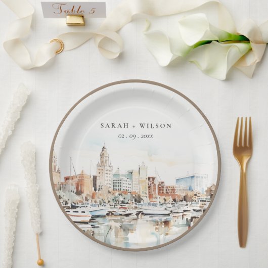 Assiettes En Carton Chic Tampa Floride Skyline Mariage d'aquarelle (Mariage)
