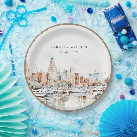 Assiettes En Carton Chic Tampa Floride Skyline Mariage d'aquarelle (Fête)