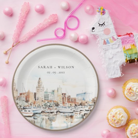 Assiettes En Carton Chic Tampa Floride Skyline Mariage d'aquarelle (Fête)