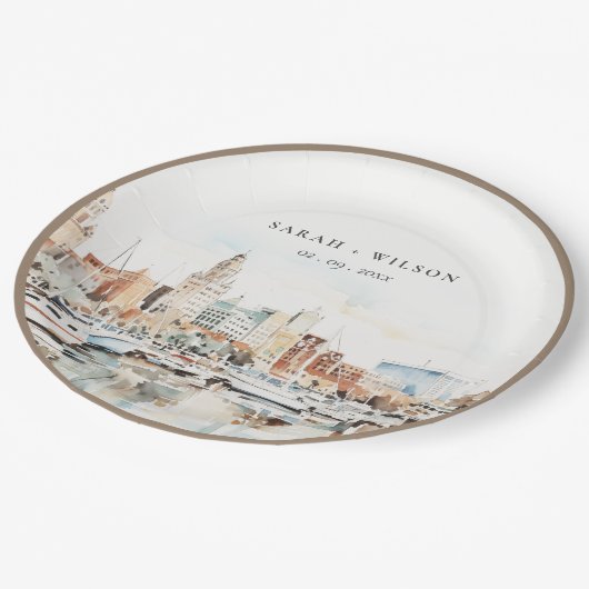 Assiettes En Carton Chic Tampa Floride Skyline Mariage d'aquarelle (Angle)
