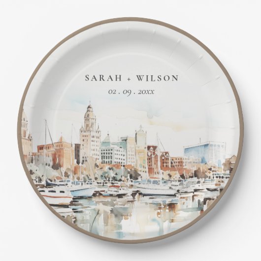 Assiettes En Carton Chic Tampa Floride Skyline Mariage d'aquarelle (Devant)