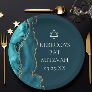 Assiettes En Carton Chic Turquoise Gold Agate Bat mitzvah Party