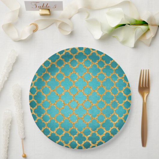 Assiettes En Carton Chic Turquoise Turquoise Marocain Quatrefoil Motif (Mariage)