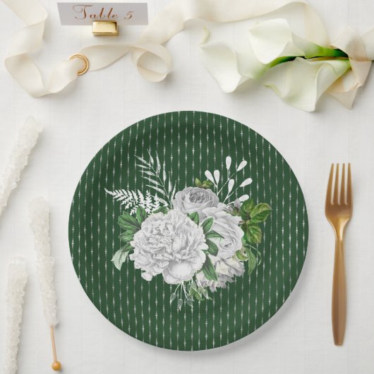 Assiettes En Carton Chic Vert Roses Blanches Floral (Mariage)