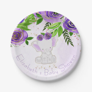 Assiettes En Carton Chic violet or Floral mignon Eléphant Baby shower
