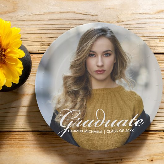 Assiettes En Carton Chic White Script Overlay Graduate Photo Party