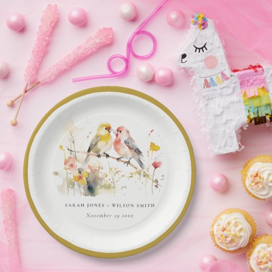 Assiettes En Carton Chic Wild Botanical Aquarelle Inséparables Mariage (Fête)