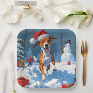 Assiettes En Carton Chien Basenji Jouant dans la Scène hivernale ennei