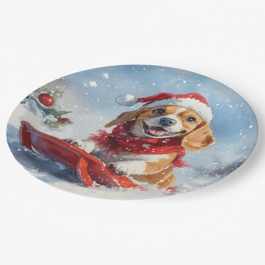 Assiettes En Carton Chien beagle dans la boue Laisser il neige Noël (Angle)