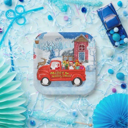 Assiettes En Carton Chien beagle dans la livraison de Noël Camion neig (Fête)