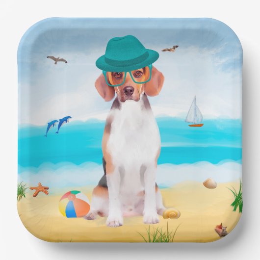 Assiettes En Carton Chien beagle Sur La Plage (Recto)