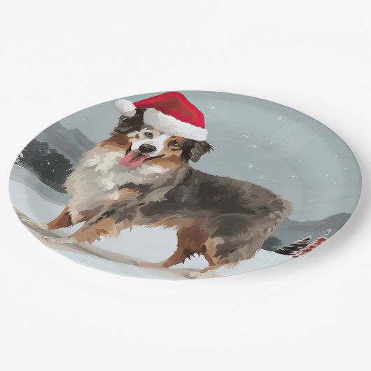 Assiettes En Carton Chien berger australien en Noël de neige (Angle)