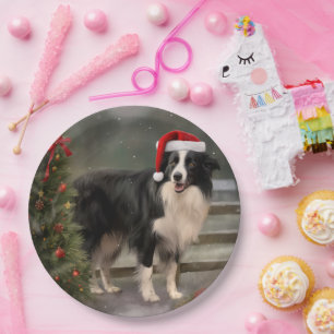 Assiettes En Carton Chien Border Collie dans la neige de Noël