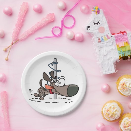 Assiettes En Carton Chien caricaturé serré autour d'un pôle avec des f (Fête)