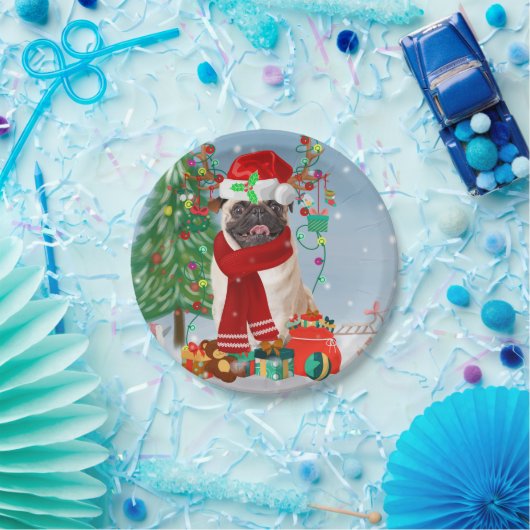 Assiettes En Carton Chien carlin en neige avec cadeaux de Noël (Fête)