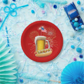 Assiettes En Carton Chien chaud et bière avec feux d'artifice et drape (Fête)