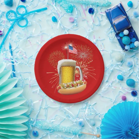 Assiettes En Carton Chien chaud et bière avec feux d'artifice et drape (Fête)