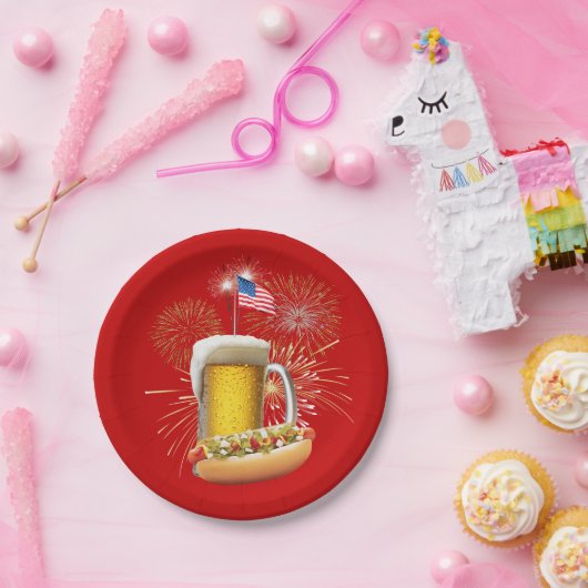 Assiettes En Carton Chien chaud et bière avec feux d'artifice et drape (Fête)
