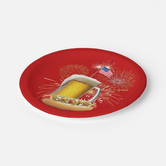Assiettes En Carton Chien chaud et bière avec feux d'artifice et drape (Angle)