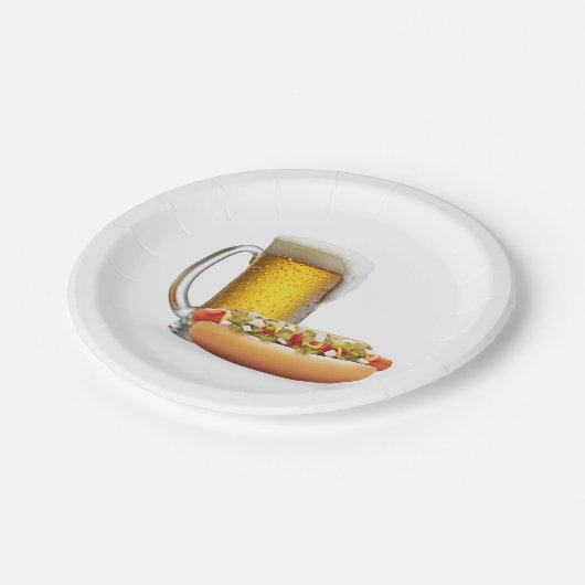 Assiettes En Carton Chien chaud et bière sur blanc (Angle)