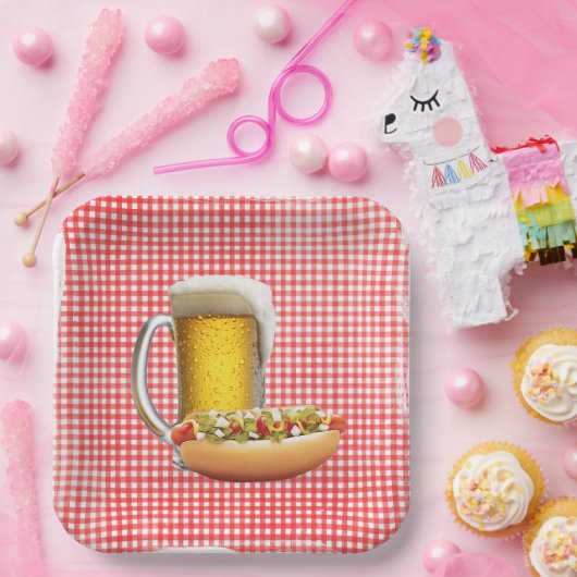 Assiettes En Carton Chien chaud et bière sur En vichy (Fête)