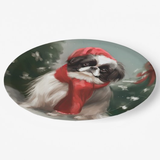 Assiettes En Carton Chien chinois japonais à Noël de neige (Angle)