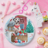 Assiettes En Carton Chien dalmate dans la neige Maison de chien de Noë (Fête)