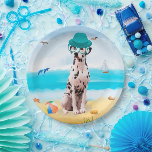 Assiettes En Carton Chien Dalmation sur la plage (Fête)