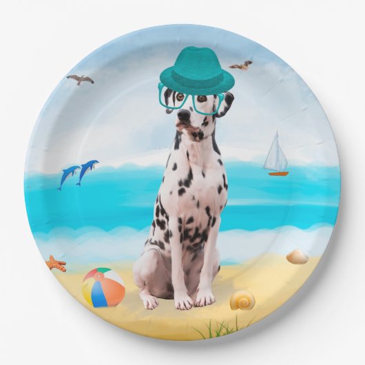 Assiettes En Carton Chien Dalmation sur la plage (Devant)