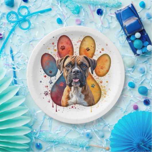 Assiettes En Carton Chien De Boxe En Empreinte D'Aquarelle (Fête)