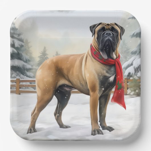Assiettes En Carton Chien de Bullmastiff à Noël de neige (Recto)