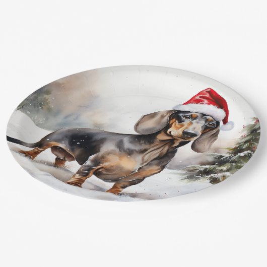 Assiettes En Carton Chien de Dachshund à Noël de neige (Angle)