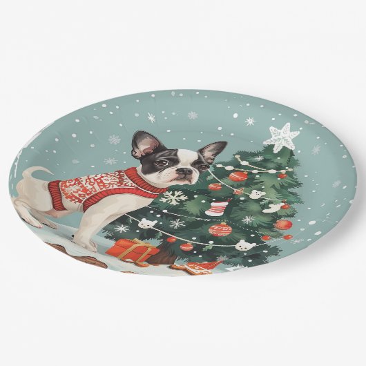 Assiettes En Carton Chien de Noël Boston Terrier (Angle)