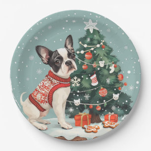 Assiettes En Carton Chien de Noël Boston Terrier