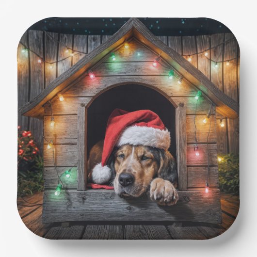 Assiettes En Carton Chien de Noël Père Noël Hound dans la niche (Recto)