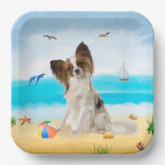 Assiettes En Carton Chien de Papillon sur la plage (Recto)